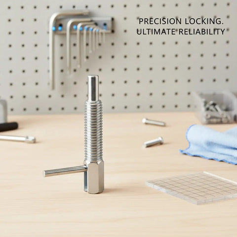 Industrial Grade Stainless Steel Indexing Plunger Pin With Ergonomic L Handle And Spring Loaded Snap Lock on workbench