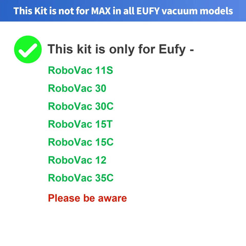 Compatibility list for All In One RoboVac Replacement Kit For 11S 12 15C 15T 30 30C 35C Models displayed with check mark.