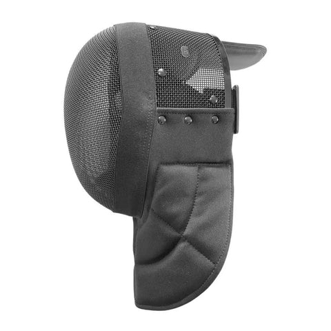 Side view of a fencing mask headgear with full face shield ventilated and lightweight beefed up adjustable strap padded forehead and chin