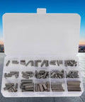 Open case displaying Woodruff Key Set 140 Piece Pro Grade Stainless Steel Keyway Assortment For Shaft Fastening 12mm 16mm 20mm 25mm