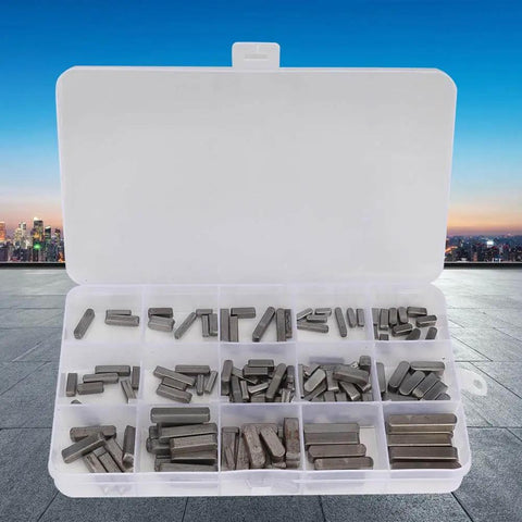 Open case displaying Woodruff Key Set 140 Piece Pro Grade Stainless Steel Keyway Assortment For Shaft Fastening 12mm 16mm 20mm 25mm