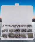 Pro Grade 140 Piece Keyway and Feather Key Set for Pulleys and Shafts, 8mm to 30mm Range, 16 Sizes, Includes a Handy Plastic Storage Box for Easy Carry, Quick Access, and Rugged Mechanical Fastening in Industrial Projects. open plastic box with assorted metal feather keys