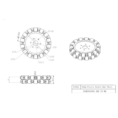 152mm plastic double-omni wheel with 19mm rollers; front, side and isometric views