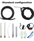 Heavy Duty Mobile Dry Ice Blasting Cleaner parts including hoses, nozzles, gloves, headset, and safety goggles for maintenance tasks.