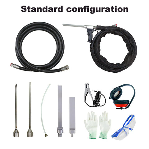 Heavy Duty Mobile Dry Ice Blasting Cleaner parts including hoses, nozzles, gloves, headset, and safety goggles for maintenance tasks.