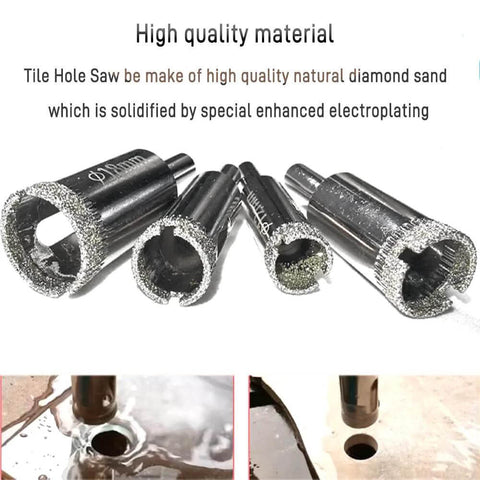 Front view: five-piece diamond drill bit set for glass with diamond-coated ends; sizes 1/8 to 11/16 in.