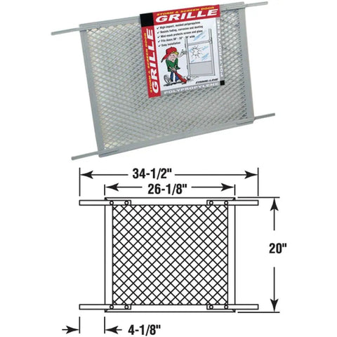 Gray Plastic Molded Swinging Screen Door Grille One Size Fits All Model PL 15515 with dimensions diagram and label