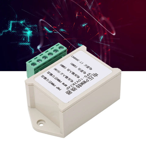 Voltage To PWM Converter For 0 To 5V Or 0 To 10V Inputs, Converts To 0 To 100 Percent PWM Output For Smooth Motor Speed Control, Easy AD Interface Conversion Module, shown with green terminal blocks against a digital background.