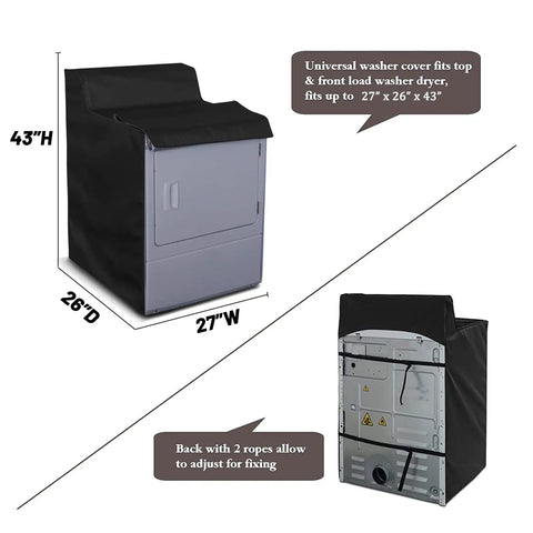 Durable Waterproof Washing Machine Cover 2 Pack For Top Load Or Front Load Washers All Weather Dustproof Sun Shield Large 27x26x43 Inches Fits Most Machines Black shown on washer with dimensions