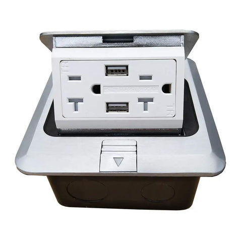 Pop Up Floor Outlet With USB Chargers Waterproof Receptacle Box For Kitchen Countertop Stainless Steel Silver Cover Hidden Power Grommet