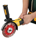 18V Cordless Compact Angle Grinder With Brushless Motor And Slick Flat Head Design Built Like A Tank For Heavy Duty Cutting Projects No Batteries Included Goes Hard Every Time Raw Industrial Power in hand with diamond blade.