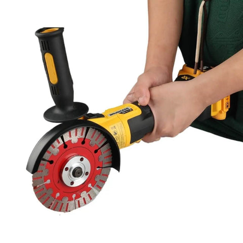 18V Cordless Compact Angle Grinder With Brushless Motor And Slick Flat Head Design Built Like A Tank For Heavy Duty Cutting Projects No Batteries Included Goes Hard Every Time Raw Industrial Power in hand with diamond blade.