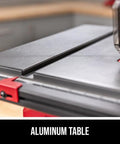 Built Tough 15 Amp 8 1/4 Inch Compact Table Saw With Quick Release Folding Stand aluminum table surface detail.