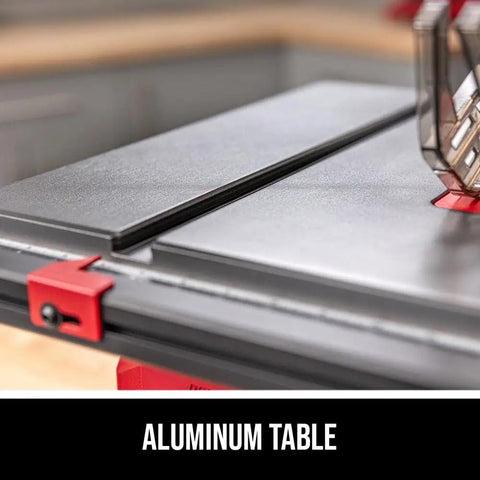 Built Tough 15 Amp 8 1/4 Inch Compact Table Saw With Quick Release Folding Stand aluminum table surface detail.