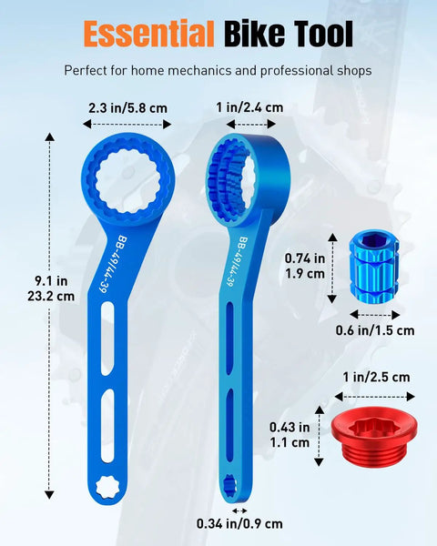 6 In 1 Bike Bottom Bracket Tool For 39 41 44 46 49 Mm External Cups With 12 And 16 Notches Includes Crank Removal Tool And Crank Cap Works With Shimano SRAM FSA And Other Major Brands Durable Aluminum Alloy Build with measurements