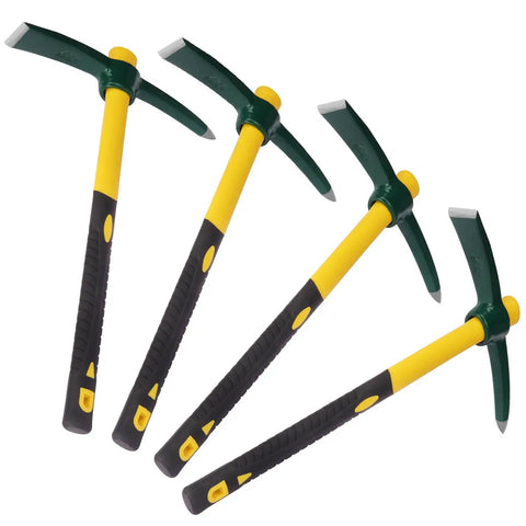 Four Pack 15 Inch Mattock Hoe With Steel Forged Pickaxe And Fiberglass Handle Built For Weeding Prospecting Camping And Hand Digging