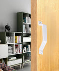 2 Pack Sliding Barn Door Handles In White, 6.1 Inch Long Aluminum Alloy Gate Handles For Garage Doors, installed on wooden door