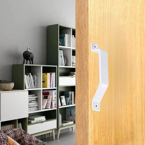 2 Pack Sliding Barn Door Handles In White, 6.1 Inch Long Aluminum Alloy Gate Handles For Garage Doors, installed on wooden door