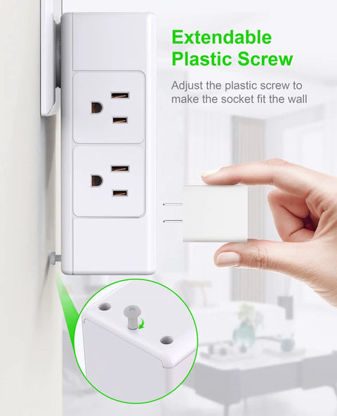 Adjustable plastic screw on Dope 10 In 1 Wall Outlet Hub with 6 AC Sockets on three sides and four USB ports, 1700J surge protection