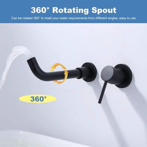 Matte Black Wall Mount Bathroom Faucet With Single Handle, No Fuss Temp Control, 360° rotating spout in action