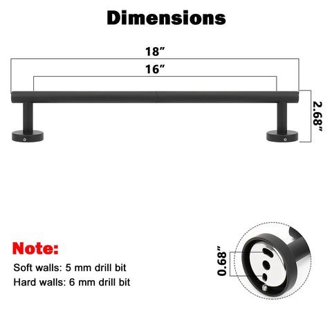 Matte Black 18 Inch Wall Mounted Towel Bar Made From Rustproof Stainless Steel, dimensions and installation details shown