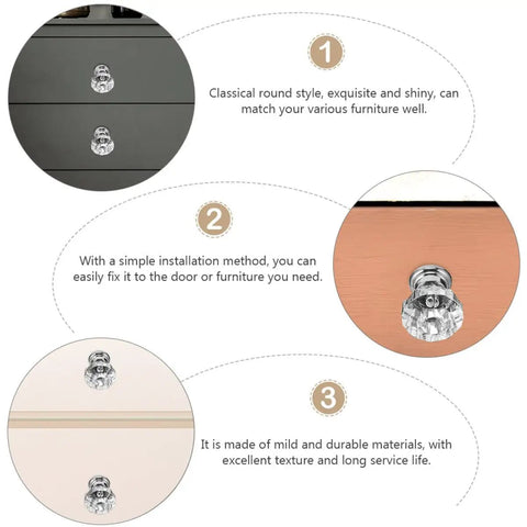 Crystal Acrylic Cabinet Knobs With Silver Base, 10 Pack Modern Drawer Pulls installation guide infographic.