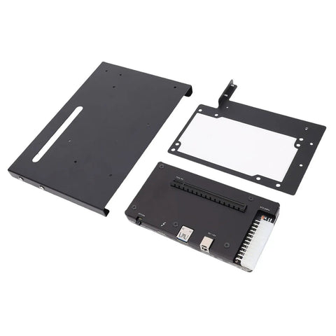 Level Up Your Portable Rig Game With This Rock Solid Egpu Box Delivering Real Pcie 16x Muscle Through Lightning Quick Usb4 Connections On A Heavy Duty Frame - Black metal eGPU dock components on white background.