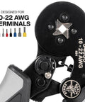 Close-up of Ferrule Crimping Tool With Built In Ratchet For 10 To 22 AWG Wire Terminals, showing square die crimps.