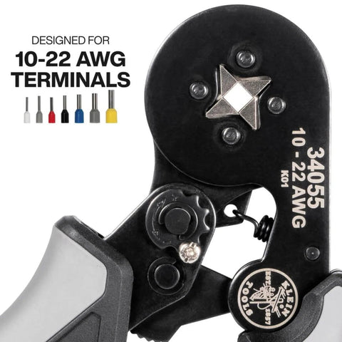 Close-up of Ferrule Crimping Tool With Built In Ratchet For 10 To 22 AWG Wire Terminals, showing square die crimps.