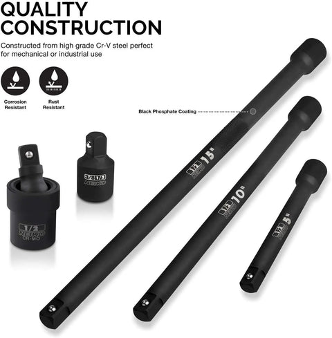 Beefy 1/2-Inch Drive Impact Extension Bar And Adapter Set, 5-Piece Kit With 5, 10, And 15 Inch Extensions, Universal Joint, Reducer