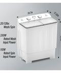 Easy Peasy Portable Twin Tub Washing Machine With Quick Timer Controls dimensions and power specs in white design.