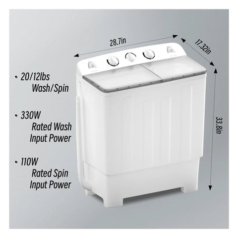 Easy Peasy Portable Twin Tub Washing Machine With Quick Timer Controls dimensions and power specs in white design.