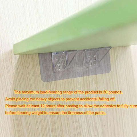 Heavy Duty Peel And Stick Shelf Brackets Large Size Wall Mount Support Pegs 12 Pack No Drill Adhesive Hooks attached to green shelf.