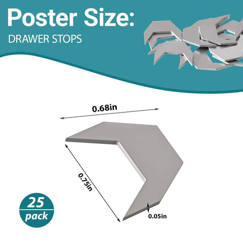 Heavy Duty Metal Drawer Stops Prevent Sliding Out 25 Piece Set Anti Fall Guards, 0.75x0.68 inch size, silver metal design.