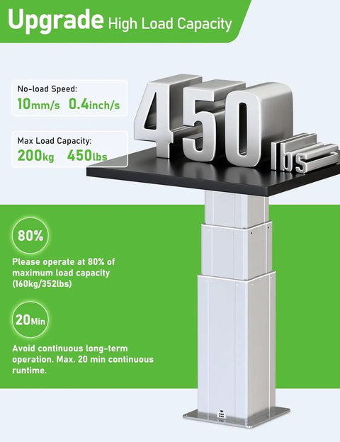 Heavy Duty Electric Lift Table Motorized Lifting Column 450 Lbs Capacity showing load capacity and specifications on a green background.