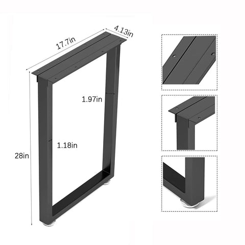 Beefy Heavy Duty Metal Table Legs Set of 2, 28 Inch Tall by 17.7 Inch Wide With Adjustable Floor-Protector Feet, Black dimensions