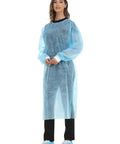 Model wearing Disposable Isolation Gown Polypropylene Lab Gown With Knit Cuff Long Sleeve Lightweight Yet Durable One Size Fits Most