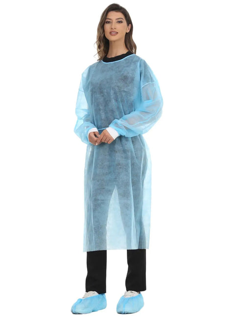 Model wearing Disposable Isolation Gown Polypropylene Lab Gown With Knit Cuff Long Sleeve Lightweight Yet Durable One Size Fits Most