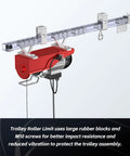 Patented Trolley Roller Limit for 1-5/8 inch strut channels shown in assembly with hoist, featuring large rubber blocks and M10 screws.