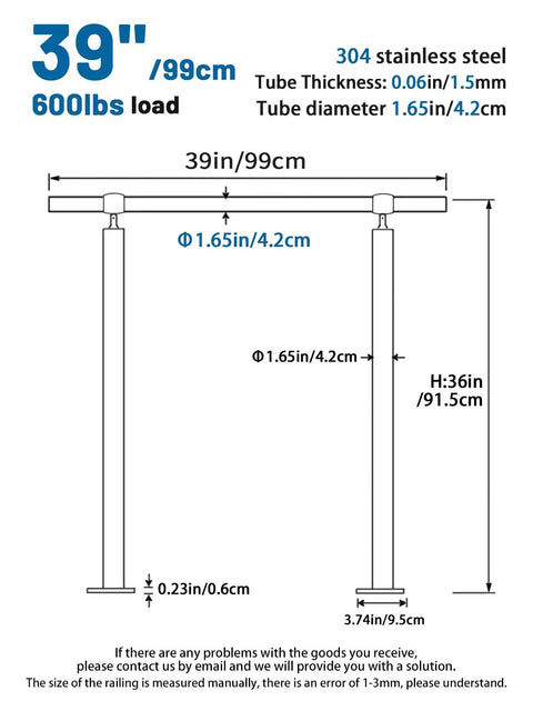 Dimensions of Premium 3 Step Stair Handrail For Indoor And Outdoor Spaces Built With Hella Durable 304 Stainless Steel.