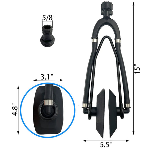 Universal Rectangular Dual Water Feed Outboard Engine Flusher for Boats showing measurements and hose connection