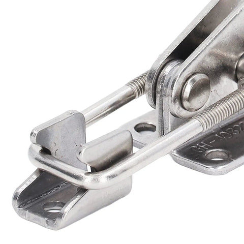Heavy Duty 304 Stainless Steel Toggle Clamp With Strong Holding Latch Buckle close-up, ideal for welding and electronic assembly.