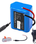 24V 2600mAh Lithium Battery Pack With Charger And Bare Leads For DIY Projects, blue battery with connectors visible.
