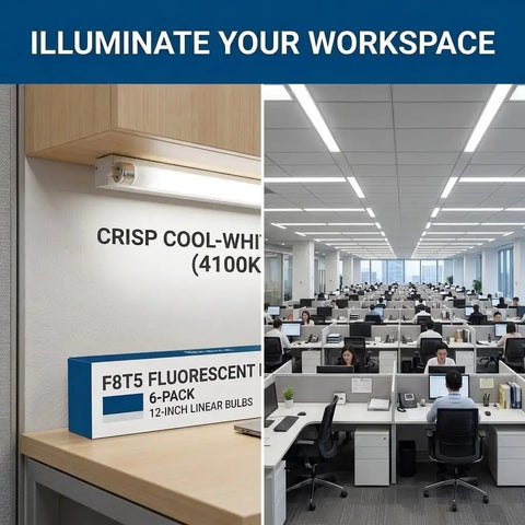 F8T5 Under Cabinet Fluorescent Bulbs 12 Inch 8W Tube Light Cool White 4100K Pack of 6 for office workspace lighting
