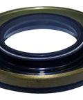 Front view of Crown Automotive Jeep axle shaft seal J3170700; bronze outer ring, black inner seal, metal spring