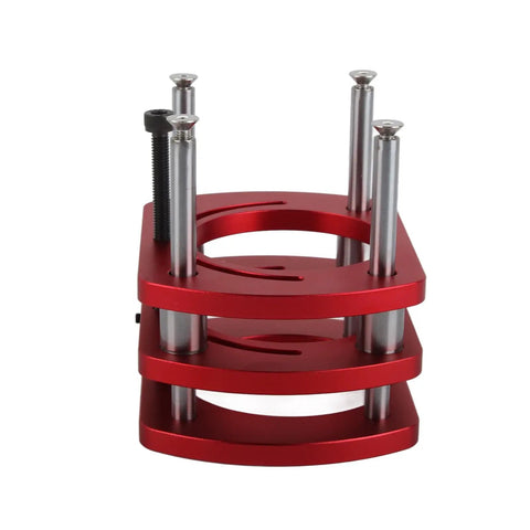 Rock Solid Aluminum Router Lift Base With 4-Jaw Clamping For Woodworking Tables And Engraving Tools, Precision Lift System For Small Trimming Machines, Vibration Free Performance red aluminum router lift base with 4-jaw clamp and steel posts