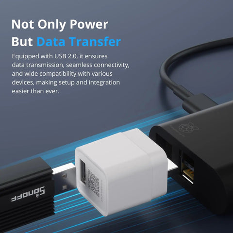 Zigbee USB Smart Outlet With Timer, 5-22V DC Input, USB 2.0 Fast Charging Port, connected between black and white USB devices