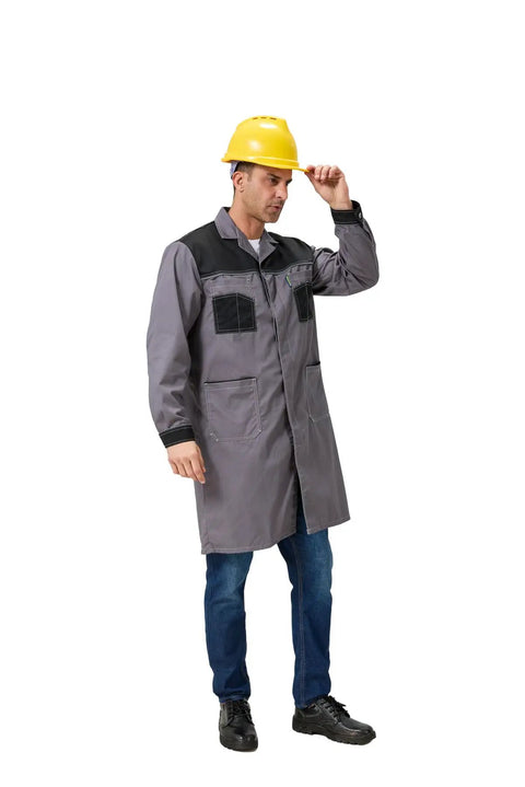 Man wearing Mens Workshop Long Lab Coat With Concealed Front Button Closure Tough Twill Workhorse Ready Coat For Lab And Industrial Jobs Side Slits
