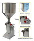 Heavy Duty Stainless Steel Manual Bottle Filler With Solid 10 Liter Hopper And Drip Free Piston Pump Adjusts From 5 To 60 Ml, showing hopper, control handle, and discharge nozzle.