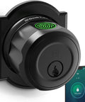 Slick Biometric Fingerprint Deadbolt Lock For Front Door installed with smartphone app interface visible, sleek black design.